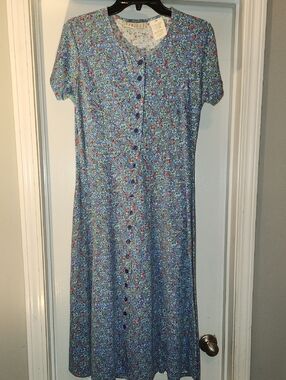 VTG 90s Erika Studio Petite Medium Dusty Blue Floral Midi Tea Dress Cottagecore